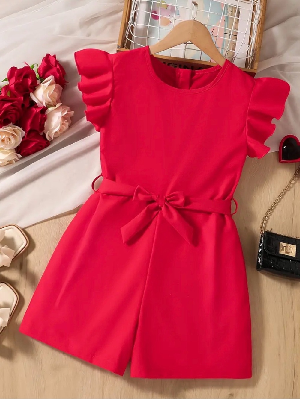 Bright Red Ruffle-Sleeve Bow Romper, Kids Youth, size  L (11Y)
